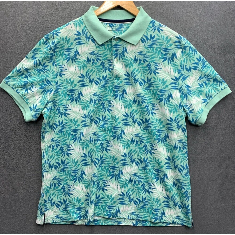 Club Room Polo Standard 100 Golf Shirt Men Large Blue Green Floral Short Sleeve